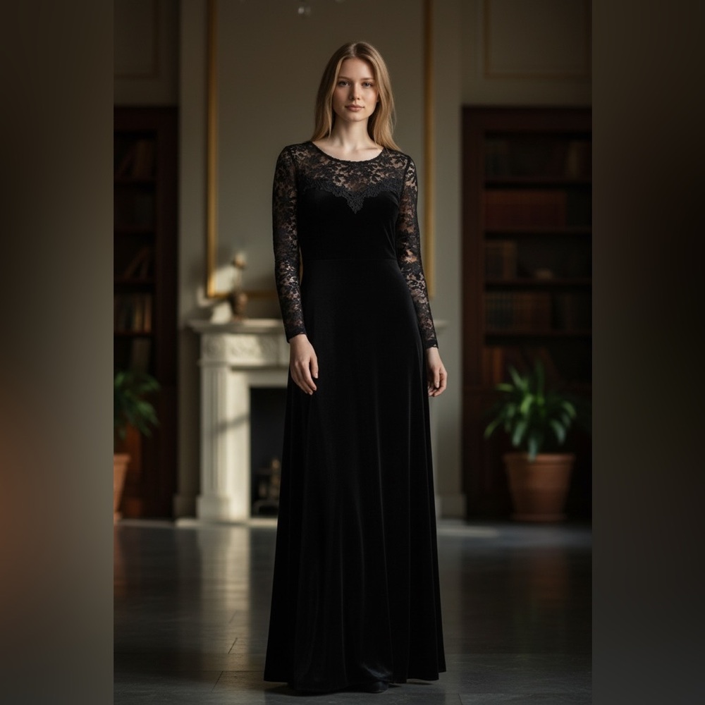 Tom Barra Gown Maxi Dress Black Velvet Beaded Long Sleeved Formal Evening Gown